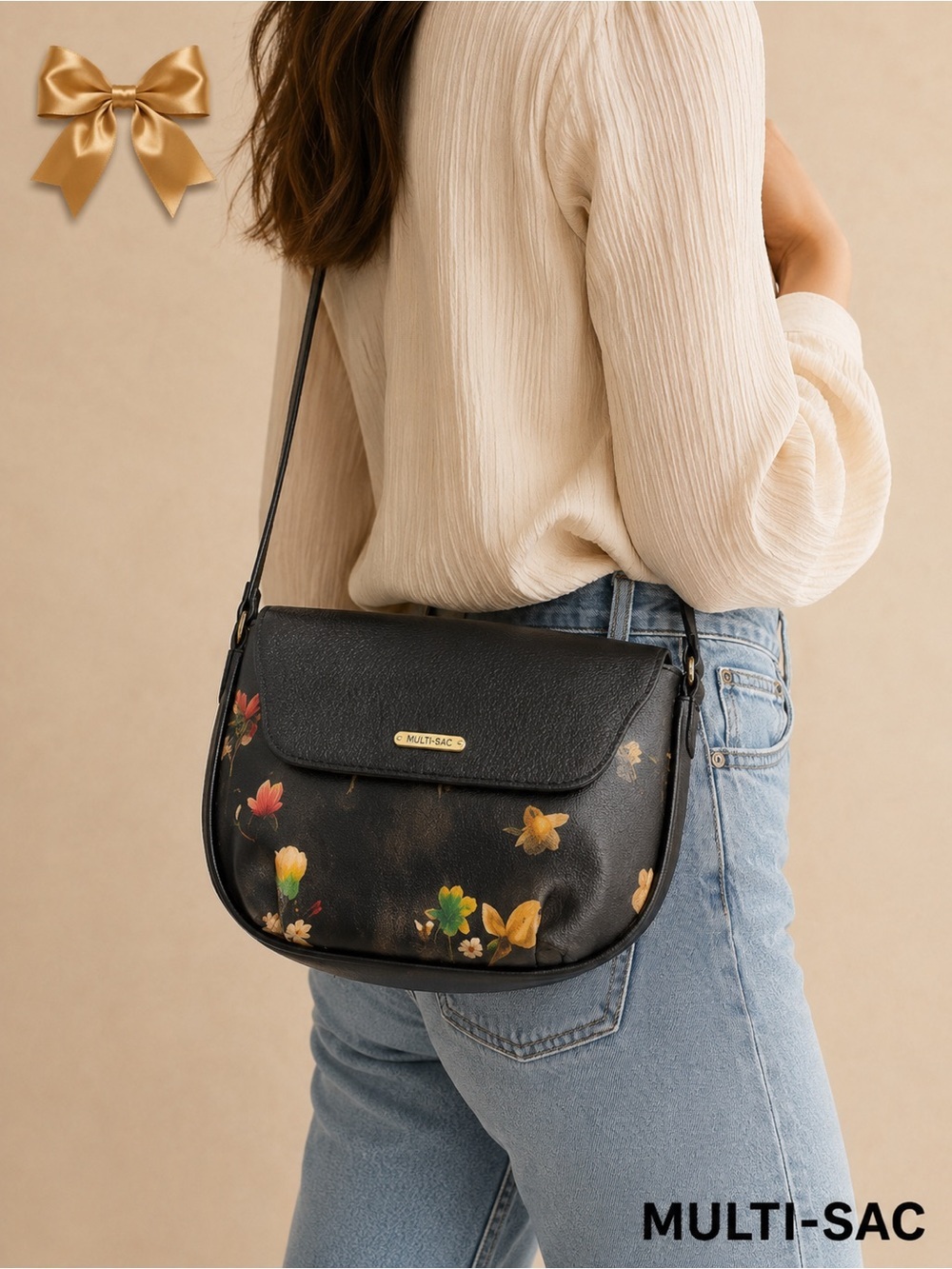 MultiSac Black Floral Crossbody Bag Rounded Shoulder Purse EUC